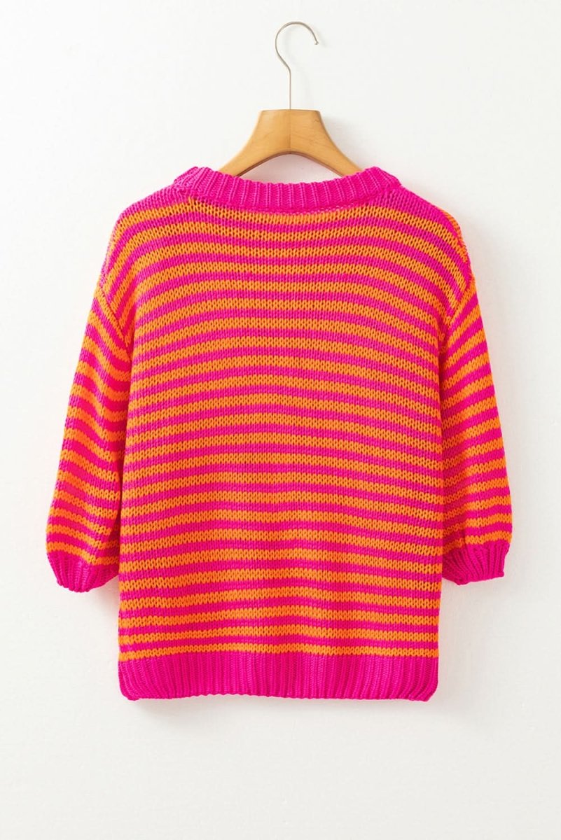 Chic Rose Striped 3/4 Puff Sleeve Drop Shoulder Knit Sweater - Love Salve